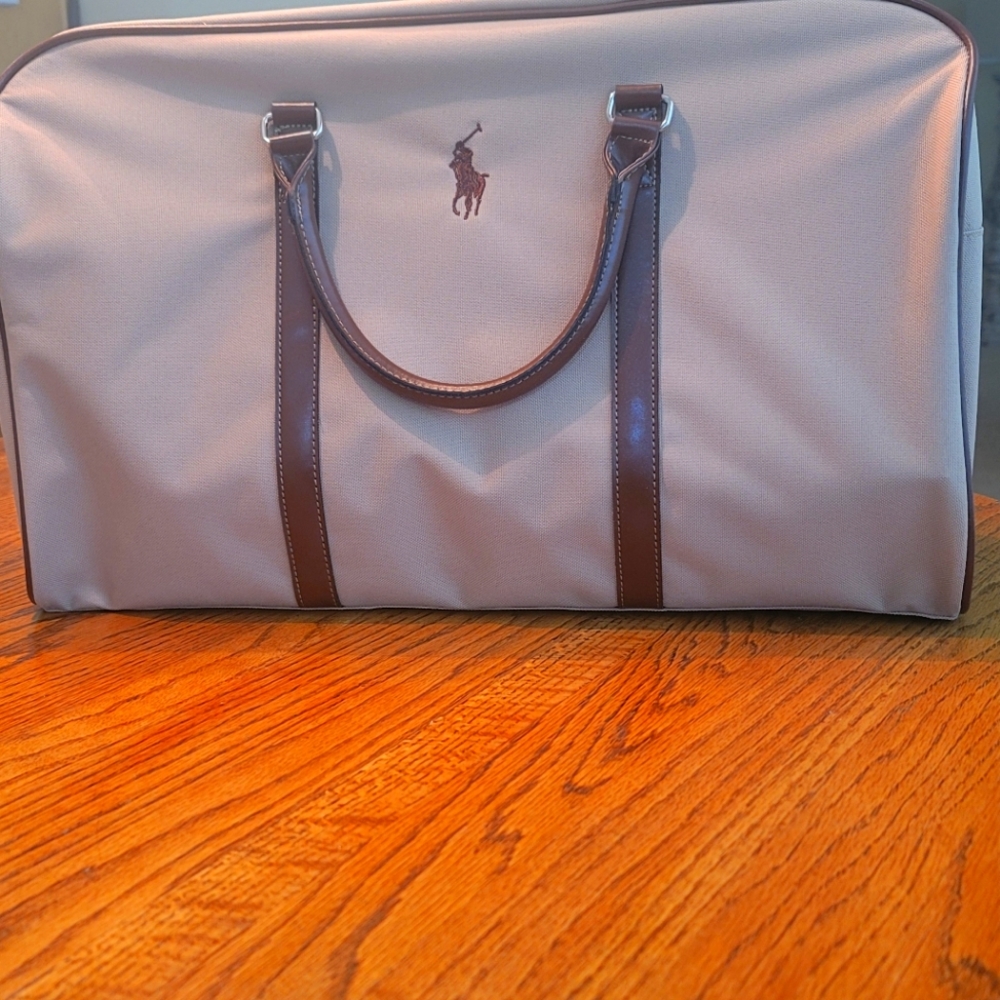 NWOT Polo Ralph Lauren Khaki Tan Brown Logo Fabric Duffle Travel Luggage Bag